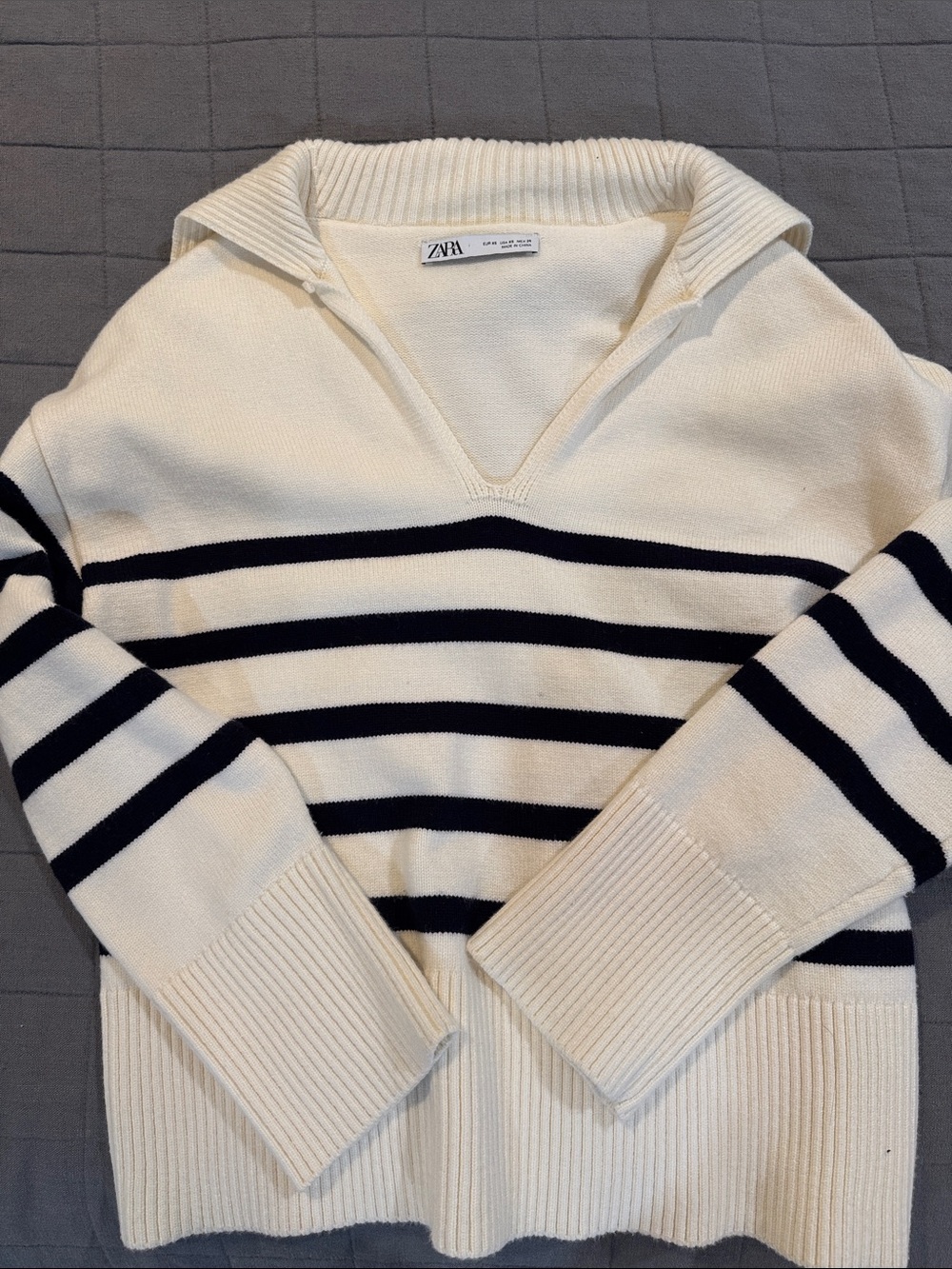 Zara Cream and Black Striped V-Neck Sweater with Sailor Collar